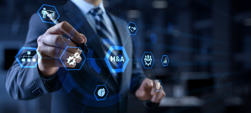 M&A Merger and acquisition business finance concept. Businessman pressing button.