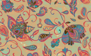 Paisley watercolor floral pattern tile:  flowers, flores, tulips, leaves. Oriental indian traditional hand painted water color whimsical seamless print, ceramic design. Abstract india batik background