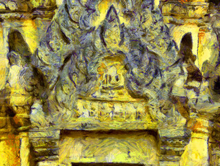 Ancient thai architecture landscape Illustrations creates an impressionist style of painting.