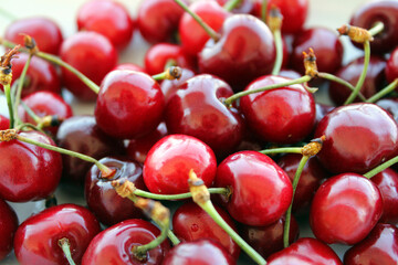 Fresh chery  background, summer fruits, top view
