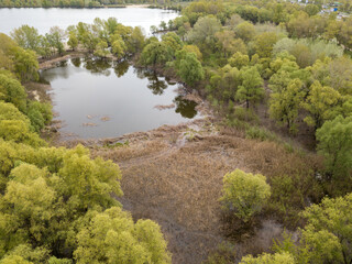 Lake shore in spring. Aerial drone view.