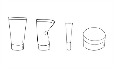 A set of plastic tubes of cosmetics - cream or gel, different shapes and sizes, new and used crumpled on the side. Isolated vector illustration.