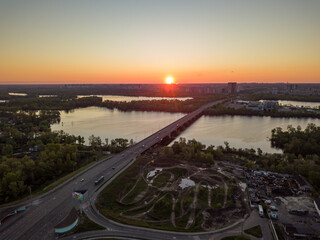 North bridge in Kiev at dawn. Aerial drone view.