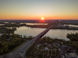 Fototapeta na wymiar North bridge in Kiev at dawn. Aerial drone view.