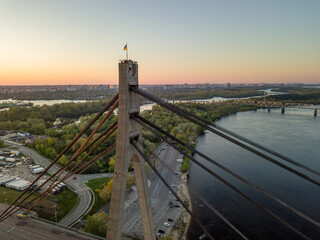 North bridge in Kiev at dawn. Aerial drone view.