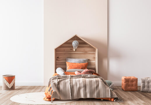 Orange Wooden Bedroom Design, Poster Frame Mockup, 3d Render