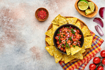 Traditional Mexican tomato sauce salsa with nachos and ingredients tomatoes, chile, garlic, onion on light slate stone background. Concept of Latin American and Mexican food. Mock up.