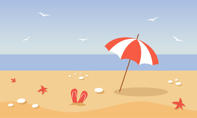 Fototapeta na wymiar Beach umbrella on the seaside. Summer landscape. Flat lay of beach. Summer banner, greeting card, postcard, flyer.
