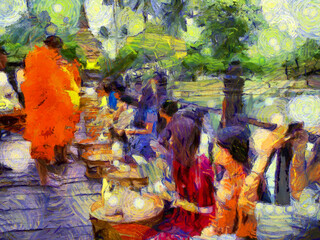 Offering alms to monks in the morning Illustrations creates an impressionist style of painting.