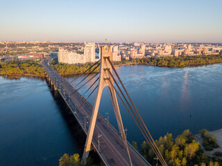 North bridge in Kiev at dawn. Aerial drone view.