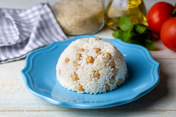 Turkish Rice with chickpea served, Turkish name; Nohutlu pilav or pilaf