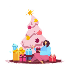 Curious Happy festive Young Woman Sitting alone under Decorated Christmas Tree with Many Gift Boxes around Opening Present. Xmas Holidays Surprise and Tradition. Cartoon Flat Vector Illustration