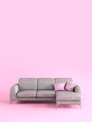 Modern fabric gray sofa on metal legs with pink pillows on a pink background flat lay front view. Furniture, single piece of interior object. Stylish trendy couch