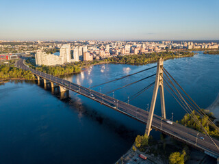 North bridge in Kiev at dawn. Aerial drone view.