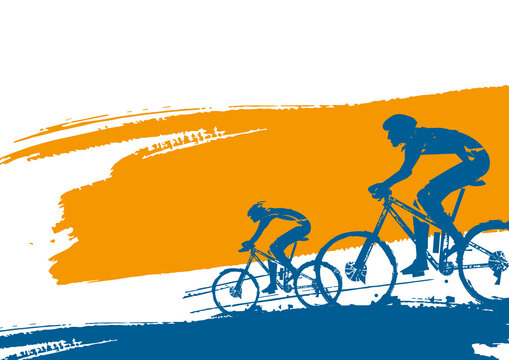 

Mountain bike cyclists, banner background. 
Colorful backdrop with two cyclists on expressive brush stroke. Banner template. Vector available.