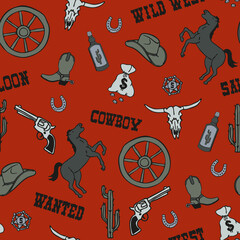 Seamless vector pattern with wild west symbols on orange background. Cartoon cowboy wallpaper design for children. Simple western fashion textile.