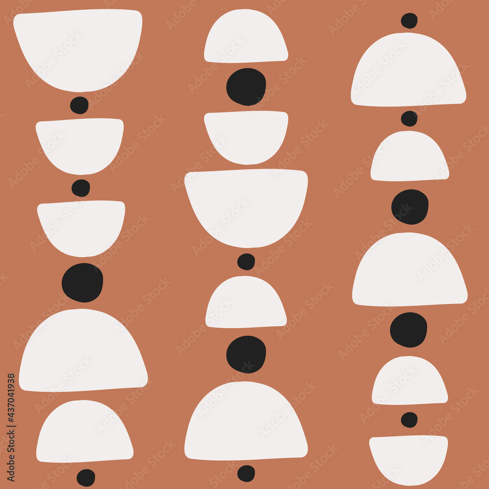 Poster Abstract vector seamless pattern with hand drawn geometric pastel semicircles and black dots on terracotta background. Bright background design in boho style