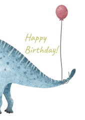 Baby birthday card. Adorable dino's tail with pink balloon, celebration, fun, gifts. Funny greeting card for kids