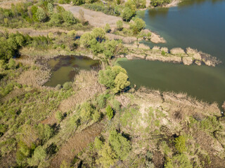 Lake shore in spring. Aerial drone view.