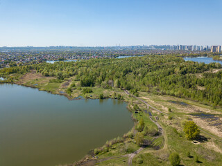 Lake shore in spring. Aerial drone view.