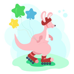Funny cartoon kangaroo in protective helmet is rollerblading isolated on white background, with colorful balloons like star. Vector illustration