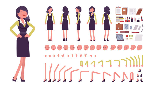Businesswoman, woman in formal workwear, office outfit construction set. Manager, young attractive entrepreneur executive, or owner. Cartoon flat style infographic illustration, different emotions