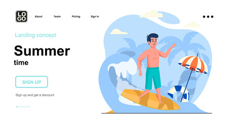 Summer time web concept. Man surfing, resting at seaside resort, ocean vacation, water activity. Template of people scenes. Vector illustration with character activities in flat design for website