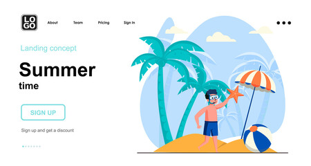 Summer time web concept. Boy in swimming mask holding starfish, resting at seaside resort vacation. Template of people scenes. Vector illustration with character activities in flat design for website