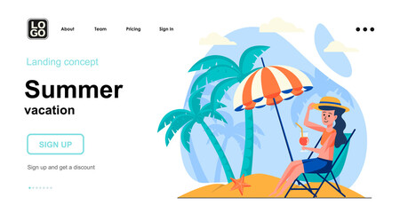 Summer vacation web concept. Woman sunbathes in lounger under umbrella, resting at seaside resort. Template of people scenes. Vector illustration with character activities in flat design for website