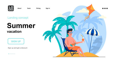 Summer vacation web concept. Man sunbathes in lounger under umbrella, resting at seaside resort. Template of people scenes. Vector illustration with character activities in flat design for website