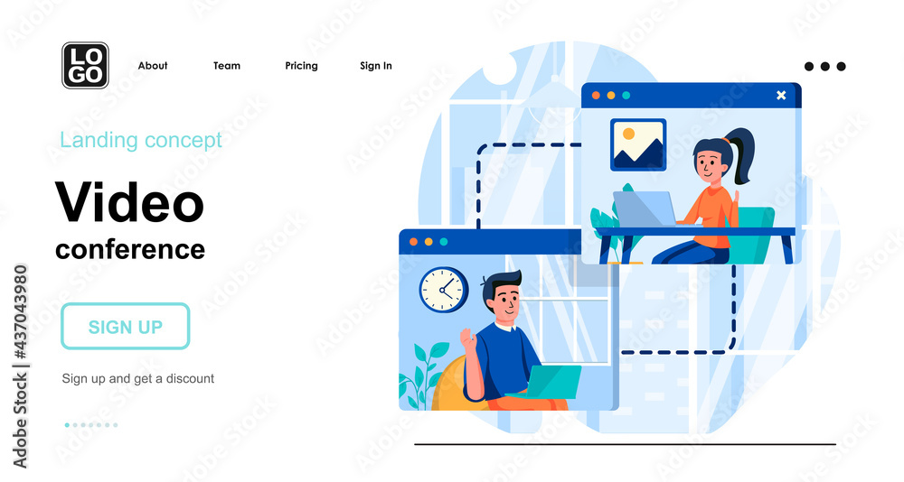 Aufkleber Video conference web concept. Man and woman work on laptops and call up online for business meeting. Template of people scenes. Vector illustration with character activities in flat design for website