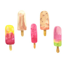 Set of summer pink fruit and cocoa popsicle. Hand drawn watercolor illustration.