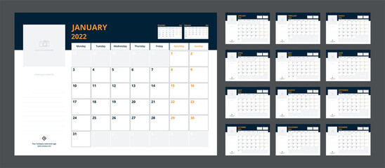 2022 calendar planner set for template corporate design week start on Monday.