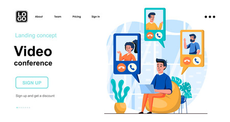 Obraz na płótnie Canvas Video conference web concept. Man calls up with friends or colleagues online from laptop at home. Template of people scenes. Vector illustration with character activities in flat design for website