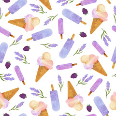 Seamless pattern with summer ice cream and popsicle with blackberry and lavender on white background. Hand drawn watercolor illustration. - 437043965