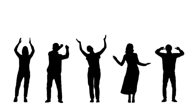 Black silhouettes of a young woman and man dancing, waving and clapping. 5 in 1 Collage full length on white background. Slow motion ready, 4K at 59.94fps.