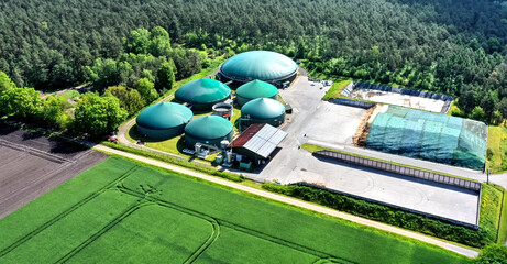 Aerial view of a biogas plant for the production of electrical energy from organic waste and...