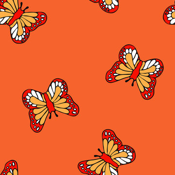 Seamless vector pattern with butterflies on orange background. Simple summer wallpaper design. Romantic vintage fashion textile.