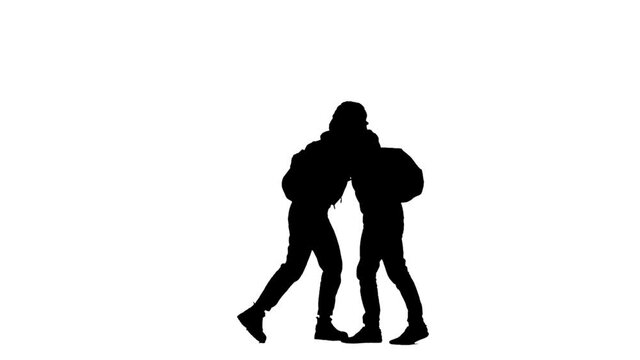 Black silhouette of young woman and man in sportswear with backpacks greeting each other, hugging friendly. 2 in 1 Collage side view full length on white background. Slow motion ready 59.94fps.