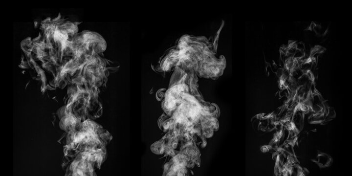 A perfect set of three different mystical curly white steam or smoke on a black background. Abstract background fog