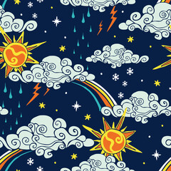 Seamless vector pattern with cartoon weather on dark blue background. Happy sun and rainbow wallpaper design for children. Decorative seasons fashion textile.