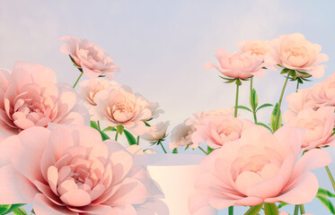 Natural beauty podium backdrop for product display with pink rose flower. 3d rendering.