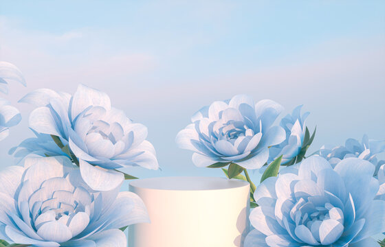 Natural beauty podium backdrop for product display with blue rose flower. 3d rendering.