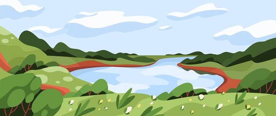 Wilde Naturlandschaft mit grünem Gras, Wasser, Himmel und Wolken. Panoramasommerlandschaft mit Fluss, See, Blumen und Pflanzen bei schönem warmem Wetter. Farbige flache Vektorillustration der malerischen Aussicht