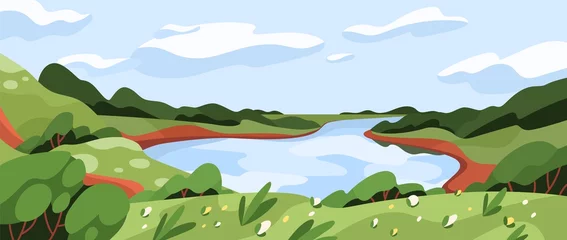 Fotobehang Wild natuurlandschap met groen gras, water, lucht en wolken. Panoramisch zomerlandschap met rivier, meer, bloemen en planten bij mooi warm weer. Gekleurde platte vectorillustratie van schilderachtig uitzicht © Good Studio