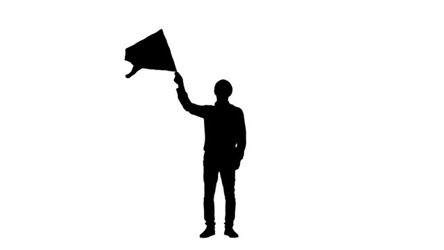 Black silhouette of a young man waving a flag. Full length on white background. Slow motion ready 59.94fps.