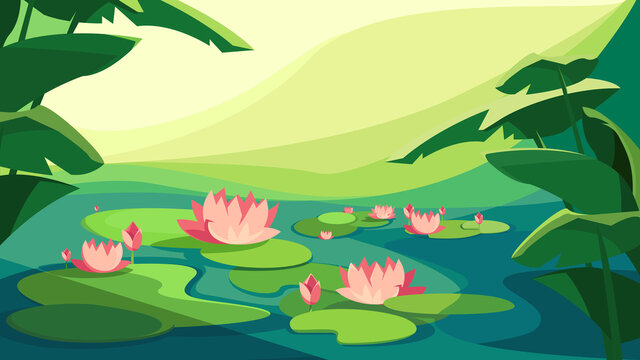 Landscape with blooming lotuses. Beautiful natural scenery.