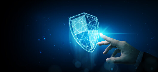 Protection network cyber security computer and safe your data concept, Businessman pointing shield...