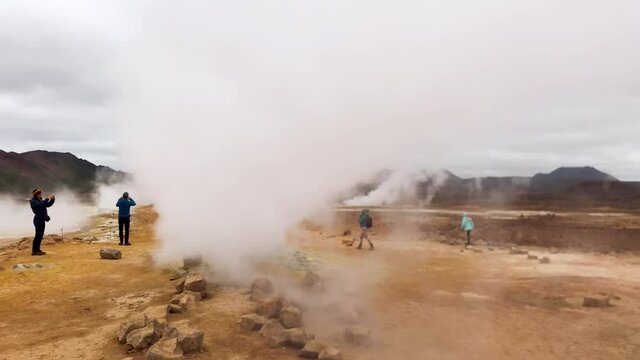 Hverir geothermal springs with smoke, Iceland in summer season