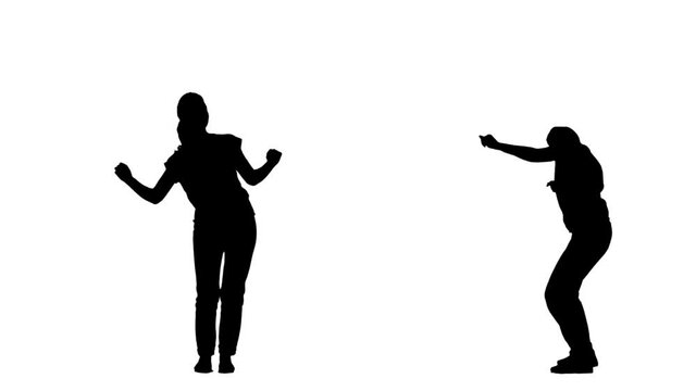 Black silhouette of a young woman in youth stylish clothes dancing a modern dance in a disco. 2 in 1 Collage Front and side view full length on white background. Slow motion ready 59.94fps.